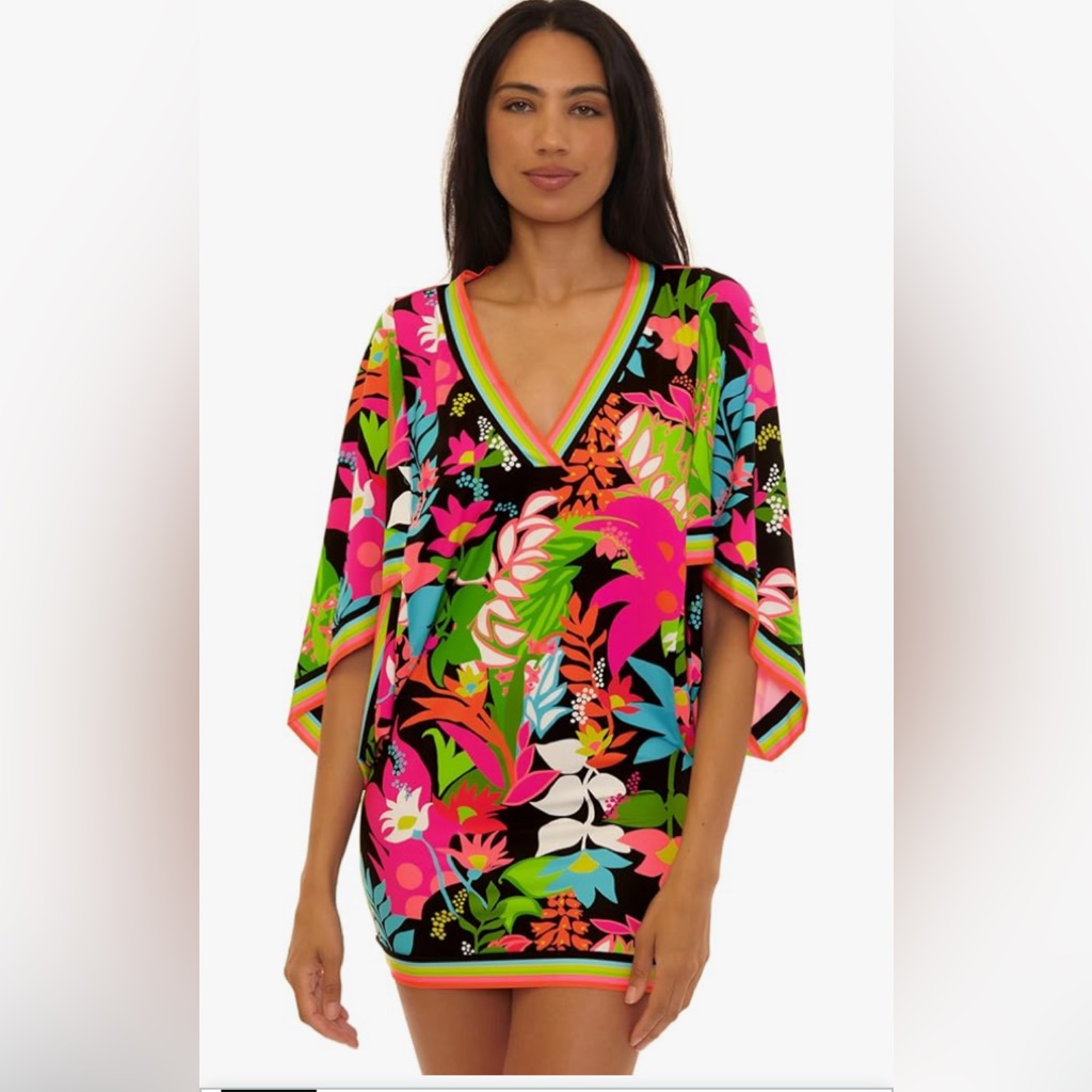 Nwt Trina Turk Black Multicolor Floral V-Neck Swim Coverup , Tiki, Large.